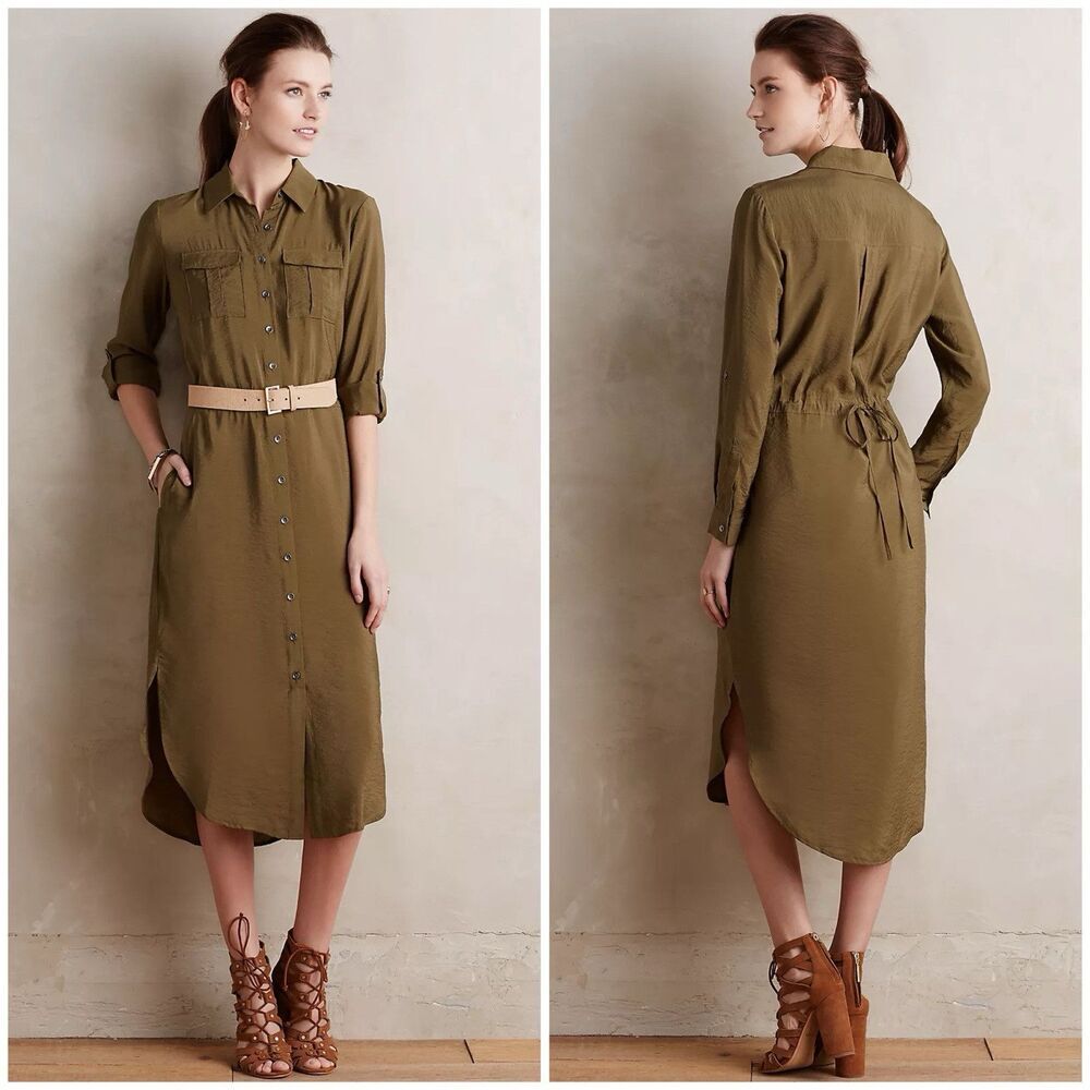 Maeve Anthropologie Olive Green Midi Button Front Drawstring Shirt Dress Size 6